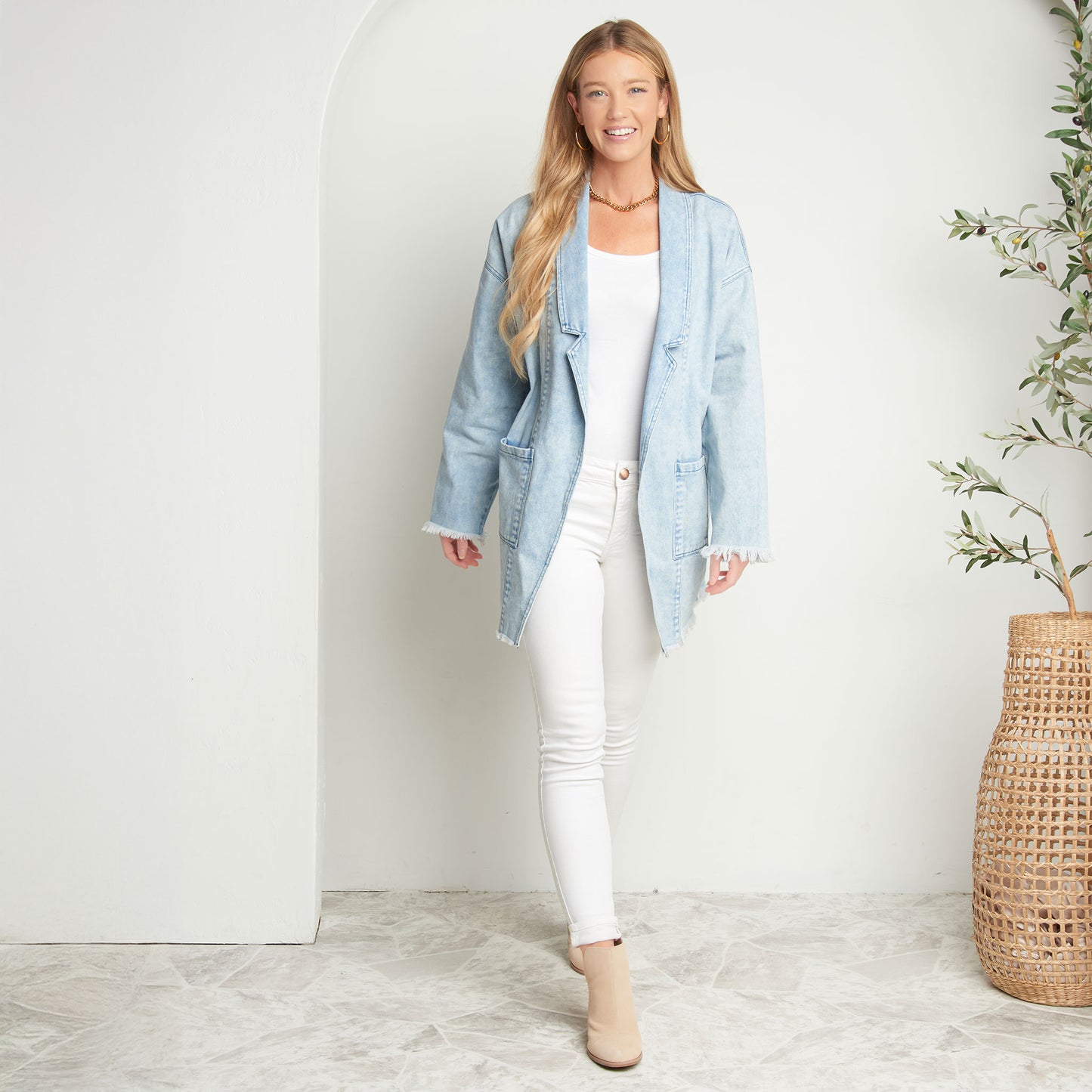 Nikki Oversized Collared Light Wash Denim Blazer