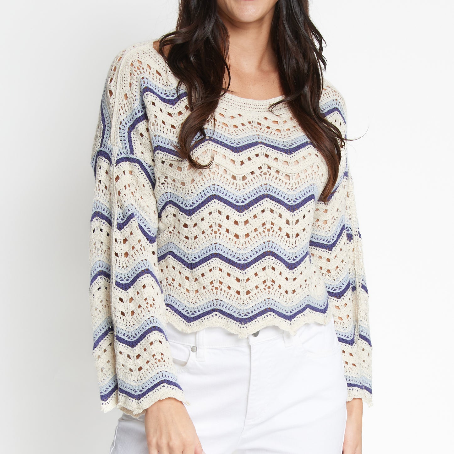 Kala Striped Boat Neck Crochet Sweater