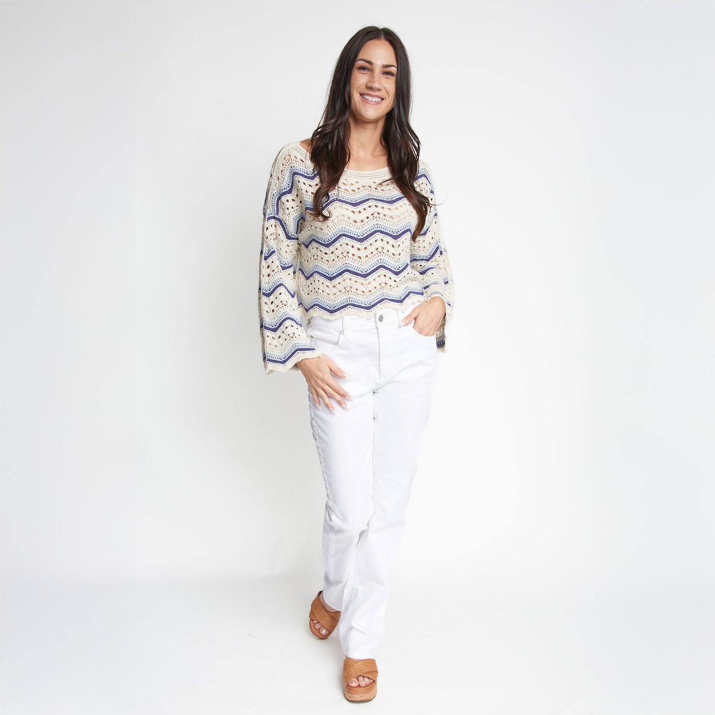 Kala Striped Boat Neck Crochet Sweater