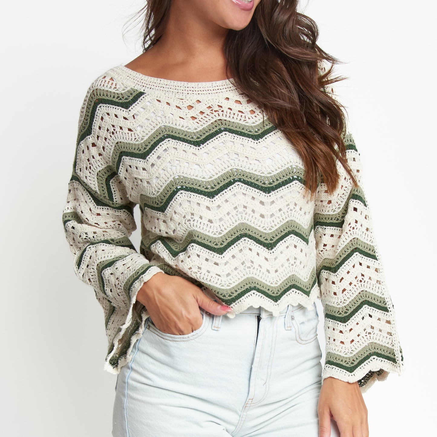 Kala Striped Boat Neck Crochet Sweater