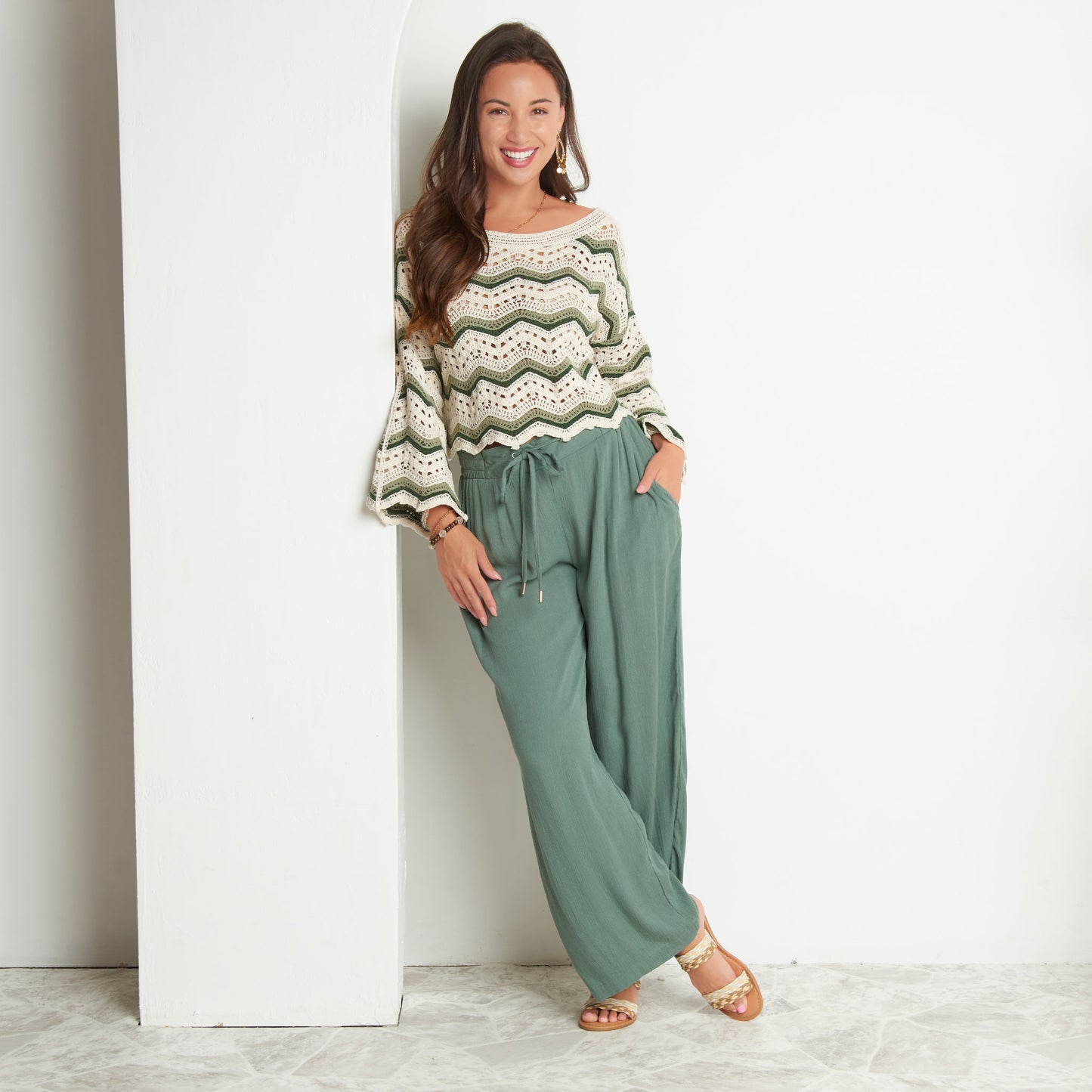 Kala Striped Boat Neck Crochet Sweater