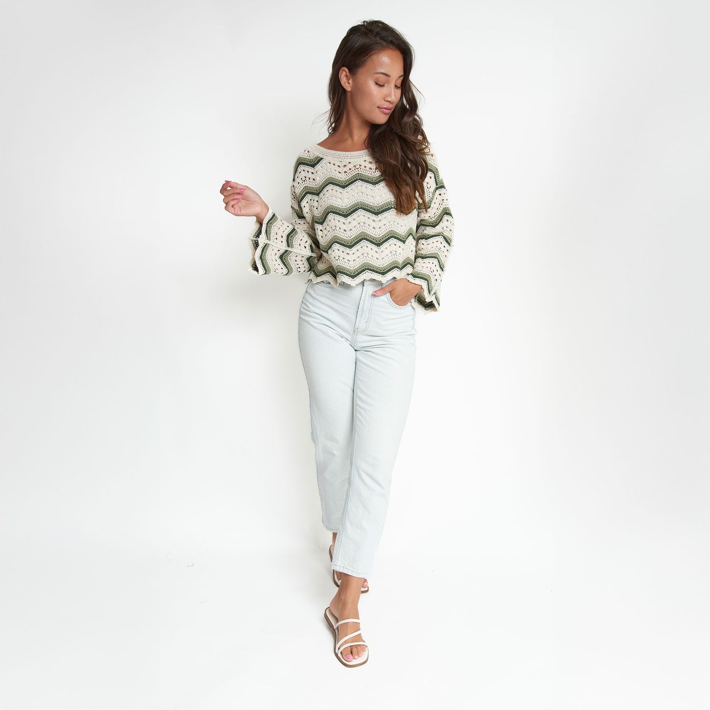 Kala Striped Boat Neck Crochet Sweater