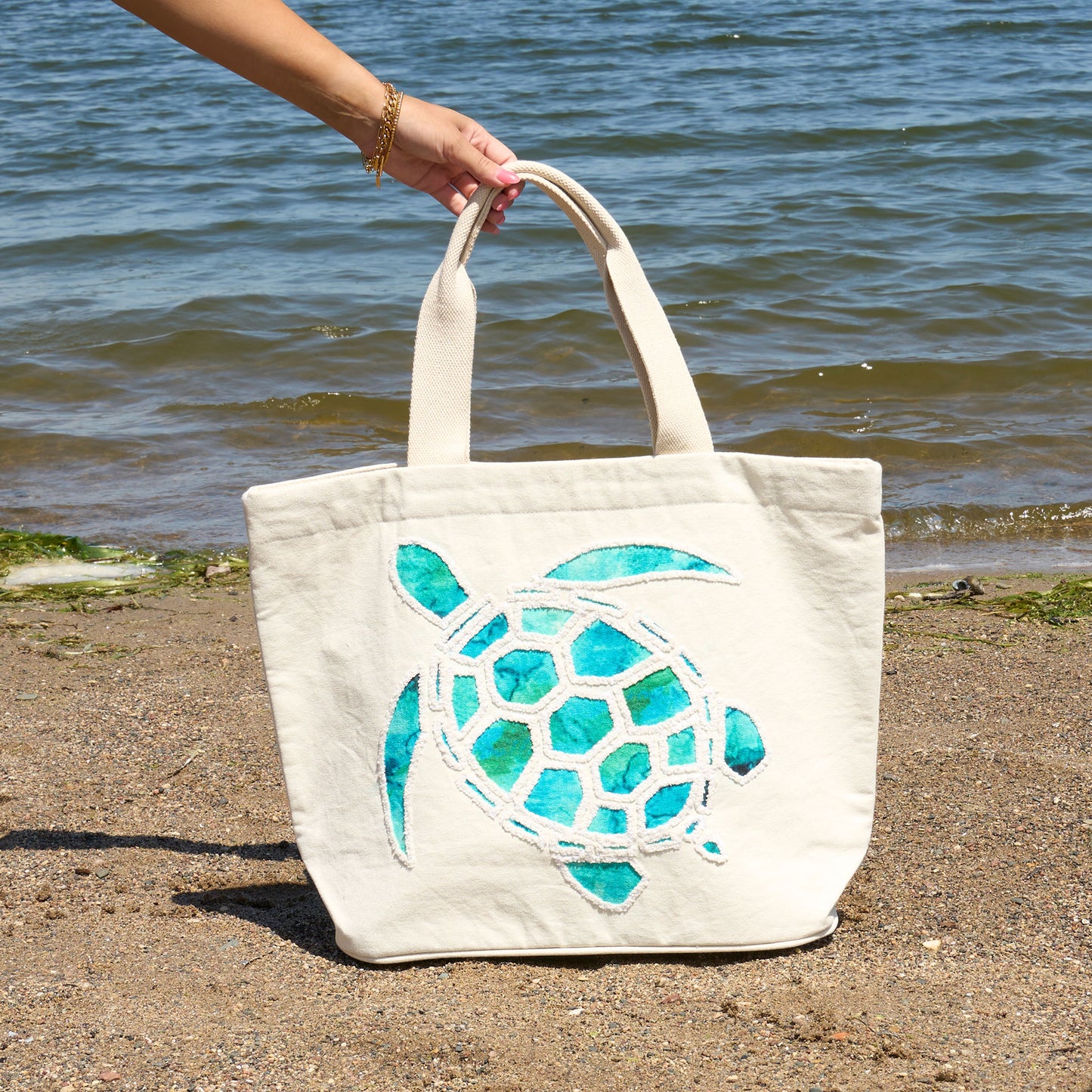 Fiji Embroidered Turtle Water Resistant Beach Tote Bag